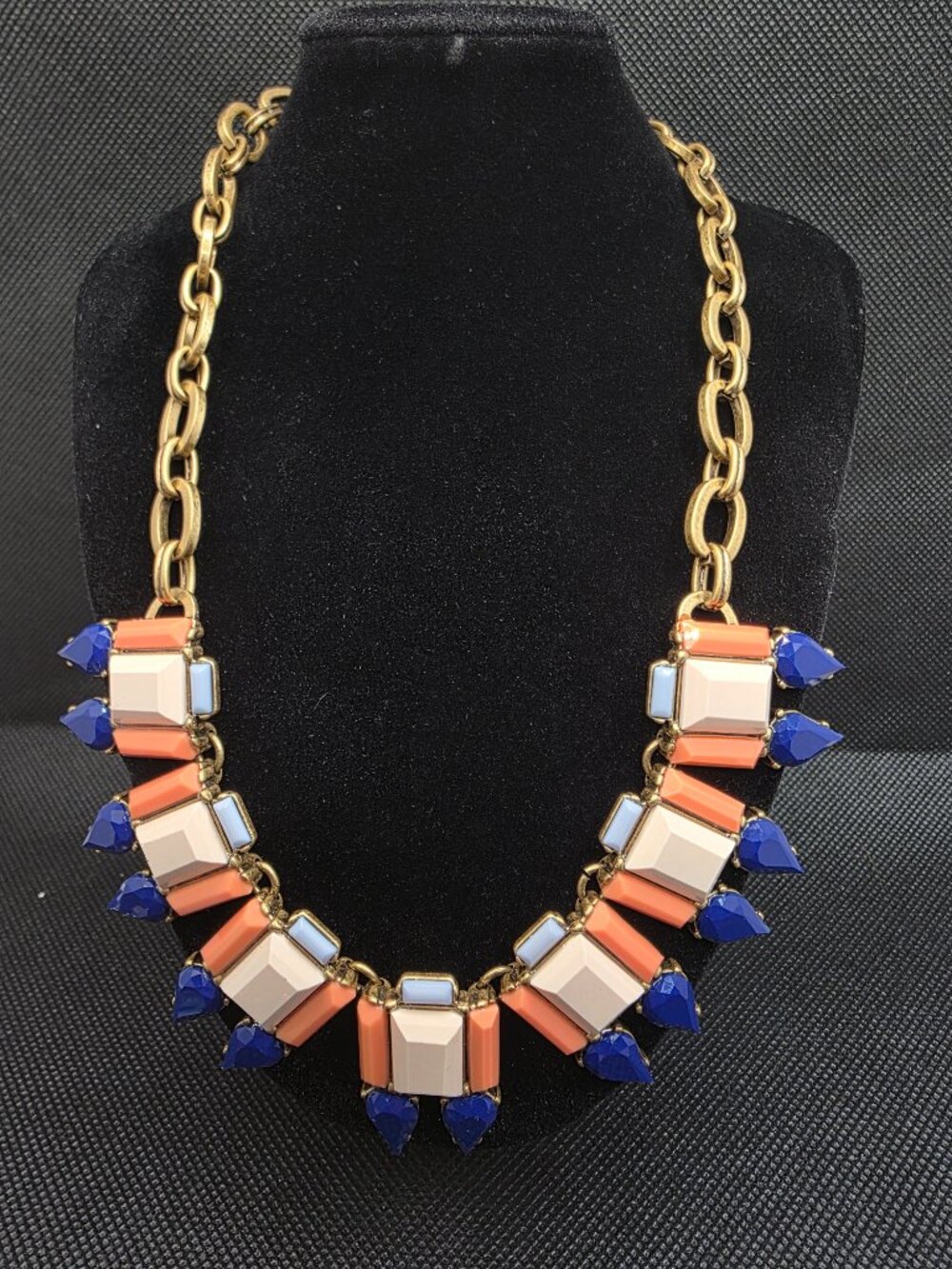 J Crew Vintage Statement Bib Necklace Geometric Blue Peach Cream Spike Gold Tone